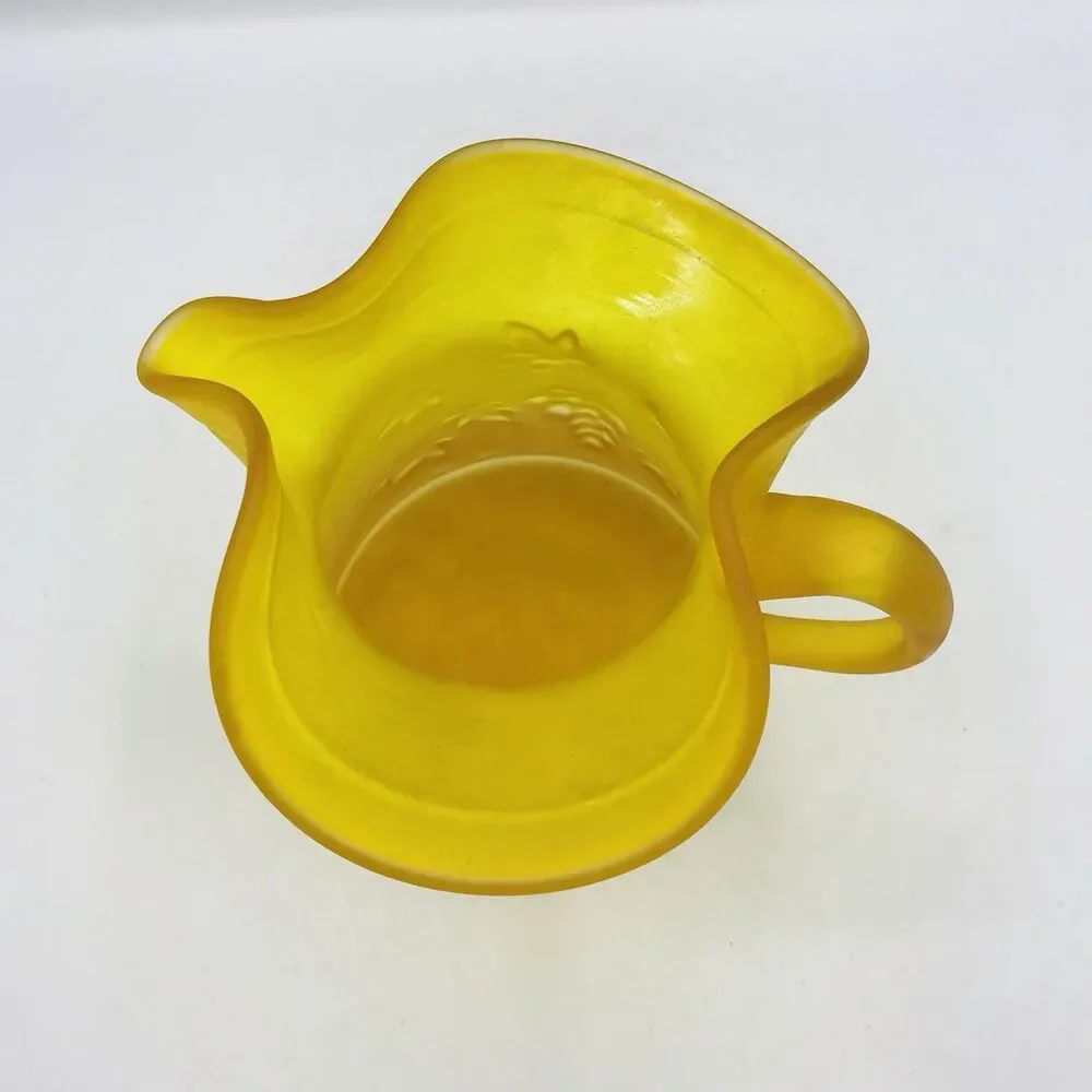 Vintage 1970s MCM Amber Art Glass Pitcher Vase Grapes Leaves Gold Yellow 6 1/2